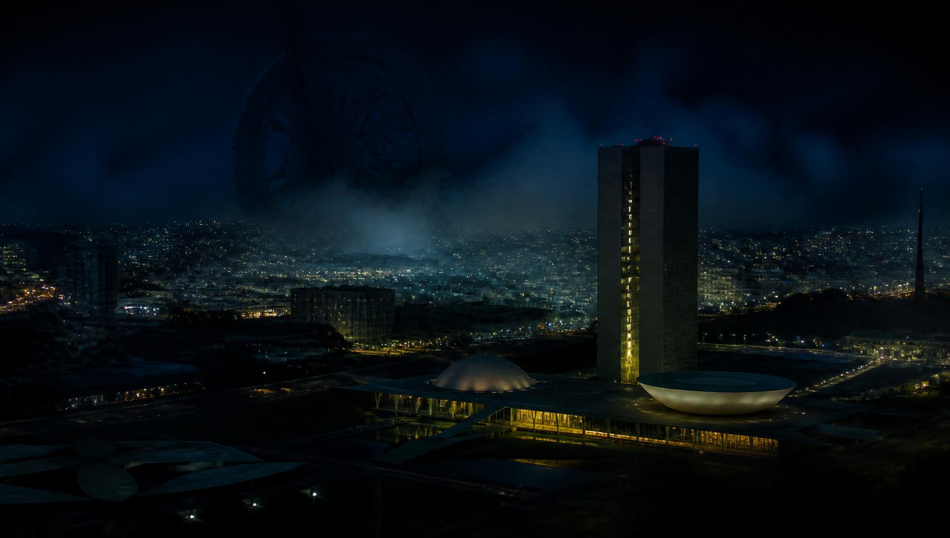 Cidade brasileira à noite com uma engrenagem gigante sobreposta ao horizonte