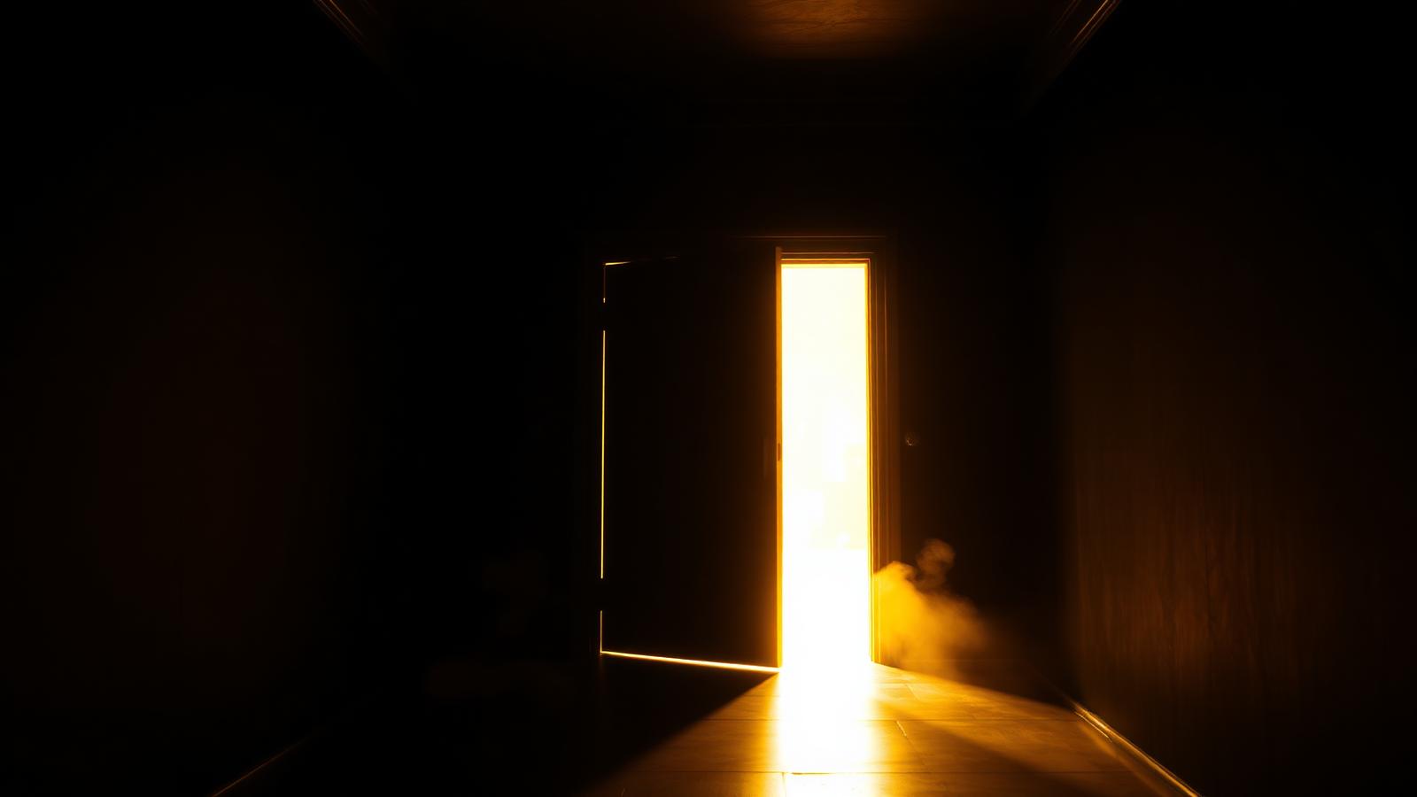 Porta entreaberta com forte luz dourada em um corredor escuro